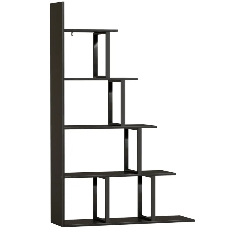 HOMCOM Etajeră bibliotecă separator de încăpere stil industrial în scară 5 rafturi 102 x 30 x 160 cm coloris negru