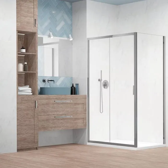 Set cabina de dus dreptunghiulara crom Radaway Alienta DWJ+S 120x90 cm, usa culisanta + perete fix, cadita Laros D Compact si sifon