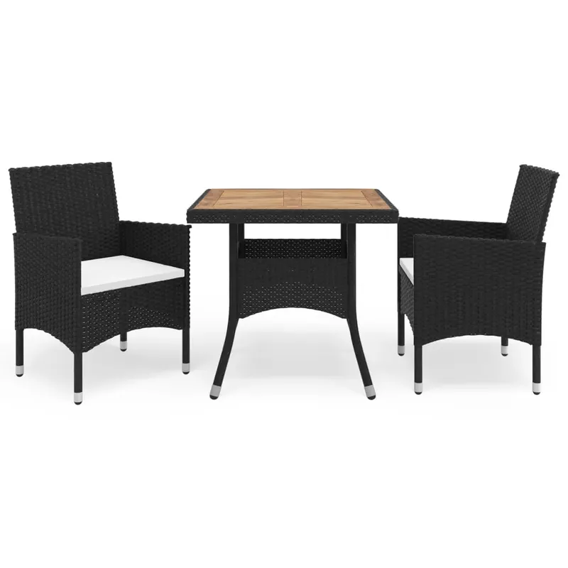 set mobilier gradina, 3 piese, negru, poliratan si lemn acacia