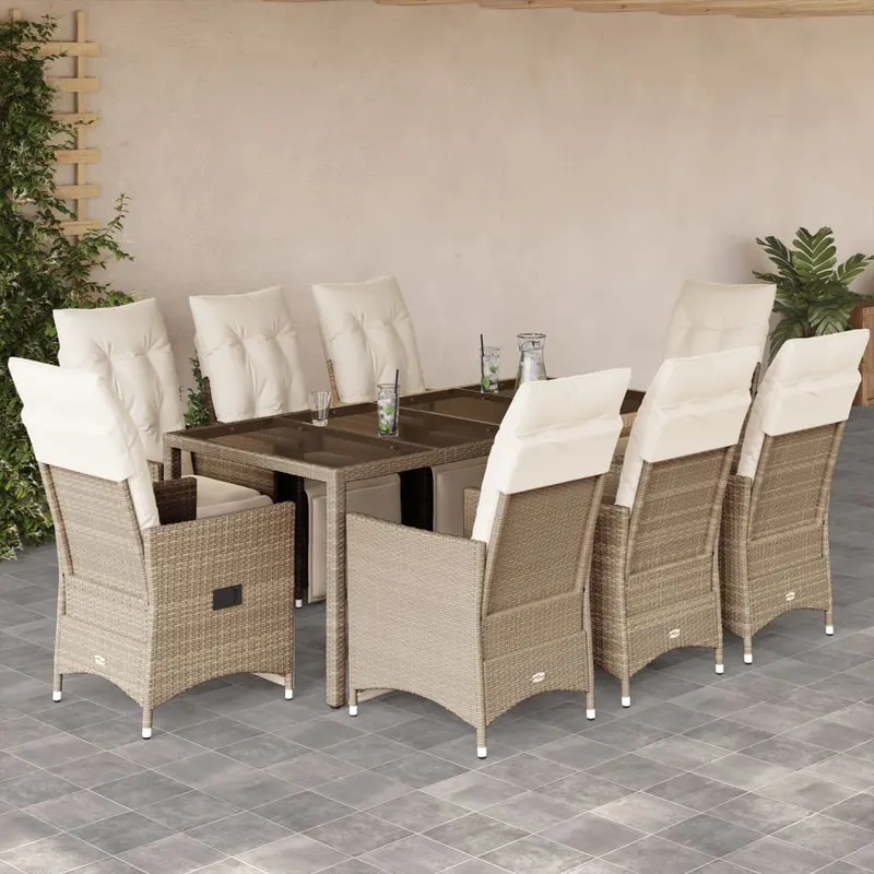 set bistro de gradina, 9 piese, cu perne, bej, poliratan