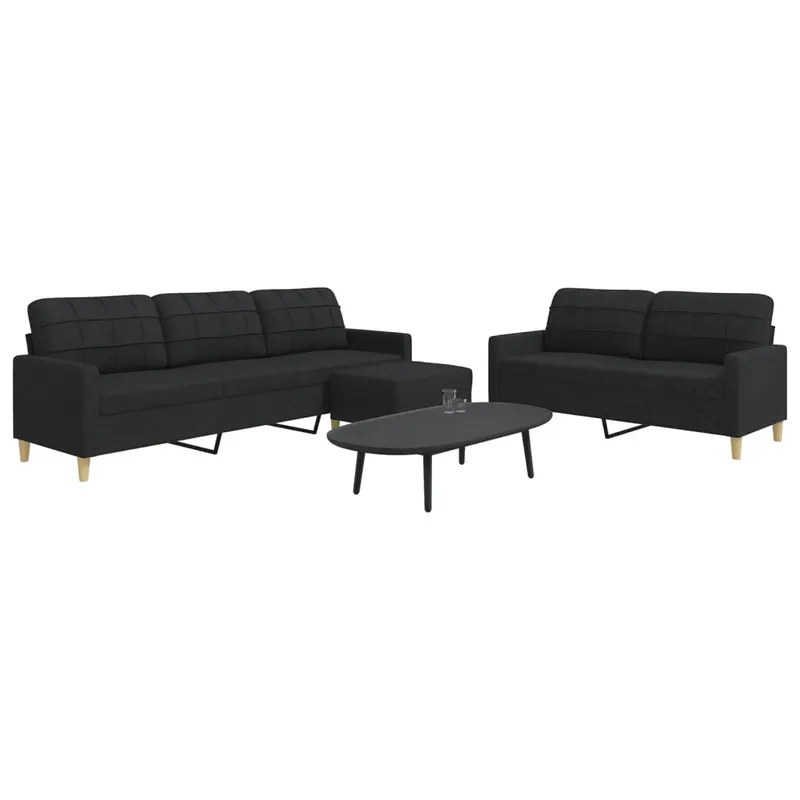 set de canapele cu taburet, 3 piese, negru, textil
