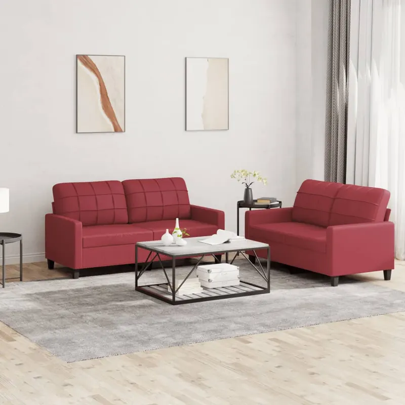 set de canapele cu perne, 2 piese, rosu vin, piele ecologica