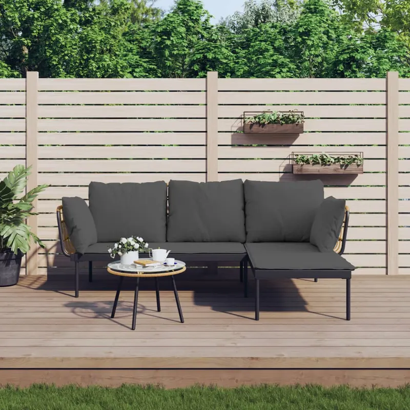 set mobilier de gradina cu perne gri inchis, 3 piese, poliratan