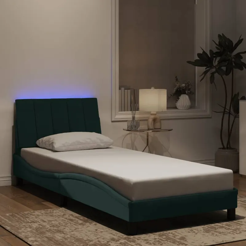 cadru de pat cu lumini led, verde inchis, 90x200 cm, catifea