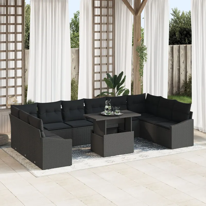 set de canapele de gradina cu 11 piese si perne, negru, poliratan
