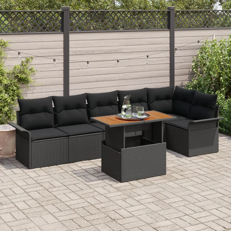 set mese gradina 7 piese cu perne negru poliratan acacia