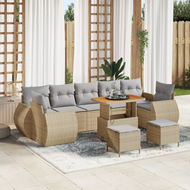 Set canapea gradina cu 10 piese si perne bej din ratan polimer acacia, set dining gradina cu 3 piese si perne bej din ratan polimer acacia