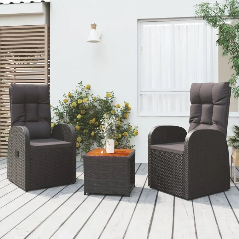 set sezlonguri gradina, 3 piese, negru, poliratan&lemn acacia