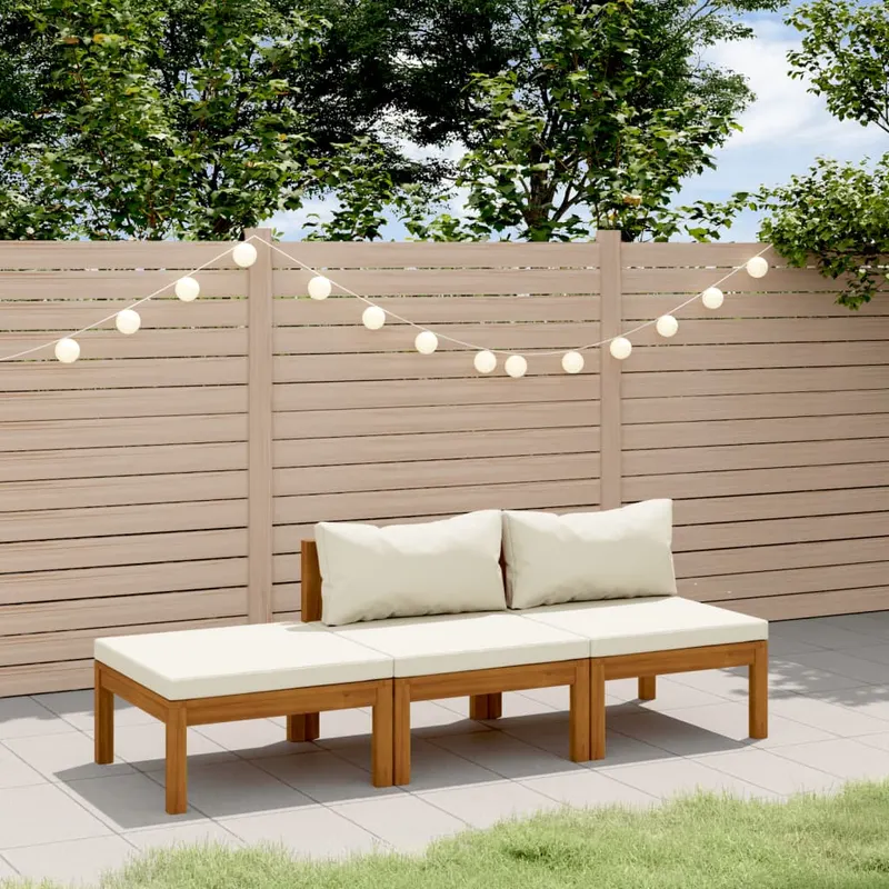 set mobilier gradina cu perne crem, 3 piese, lemn masiv acacia