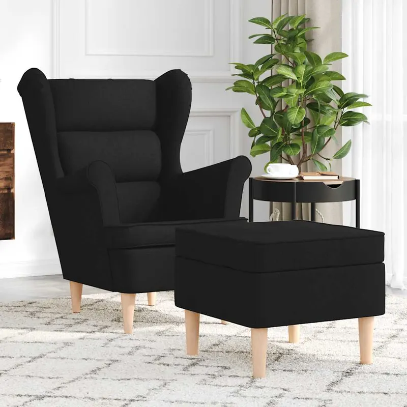 fotoliu cu taburet pentru picioare, negru, material textil
