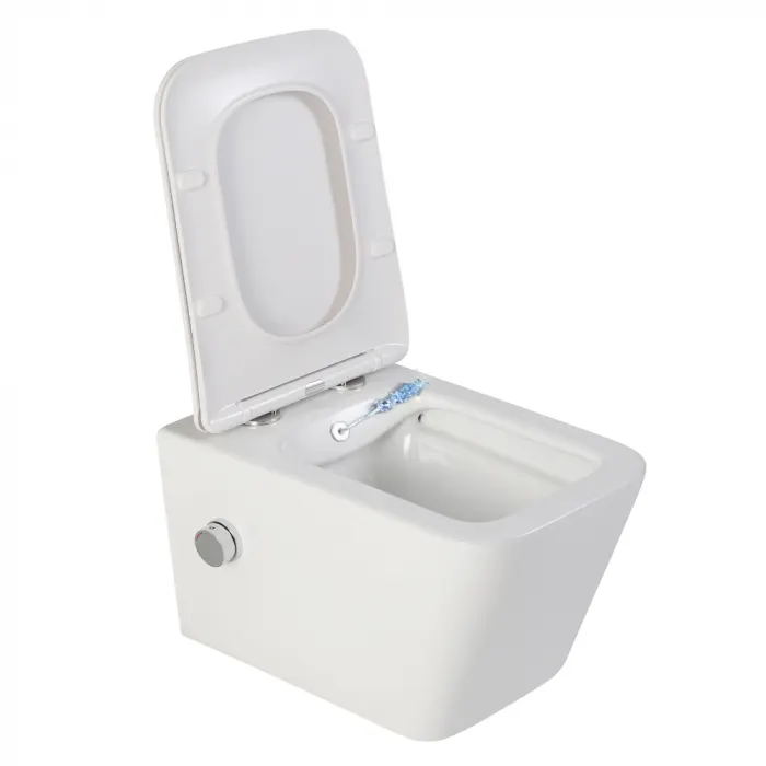 Vas wc suspendat cu functie bideu, dreptunghiular, apa calda rece, rimless, capac soft close, baterie crom Safari
