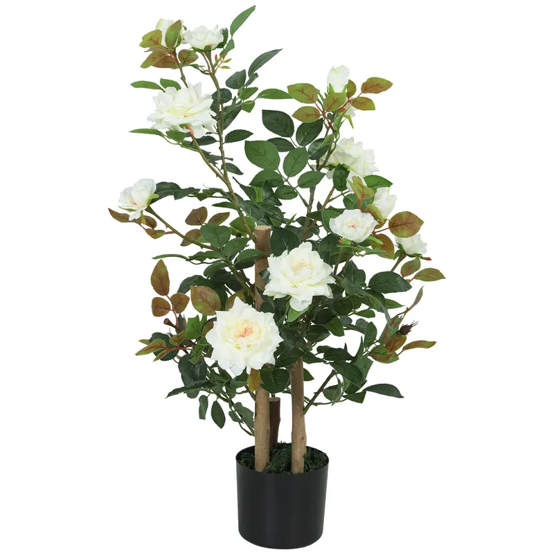 HOMCOM Trandafir Artificial cu 17 Flori, 344 Frunze Mătase, Decor Interior Exterior, 15x15x90 cm, Alb