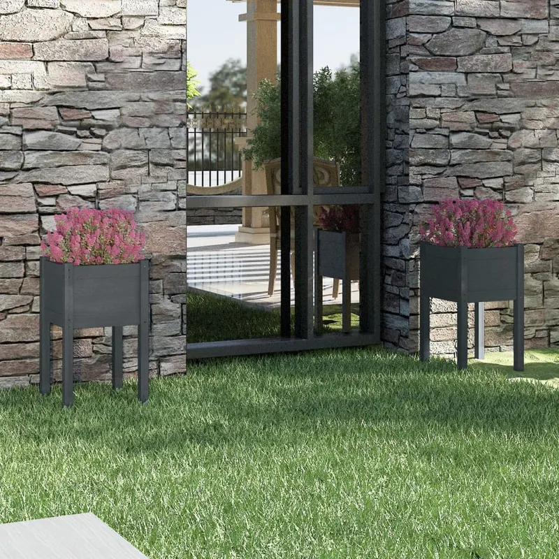 jardiniere de gradina, 2 buc., gri, 40x40x70 cm, lemn masiv pin