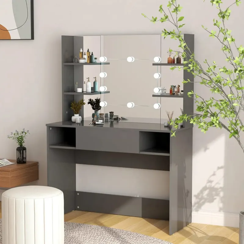 masa machiaj cu lumini led, gri, 100x40x135 cm , mdf