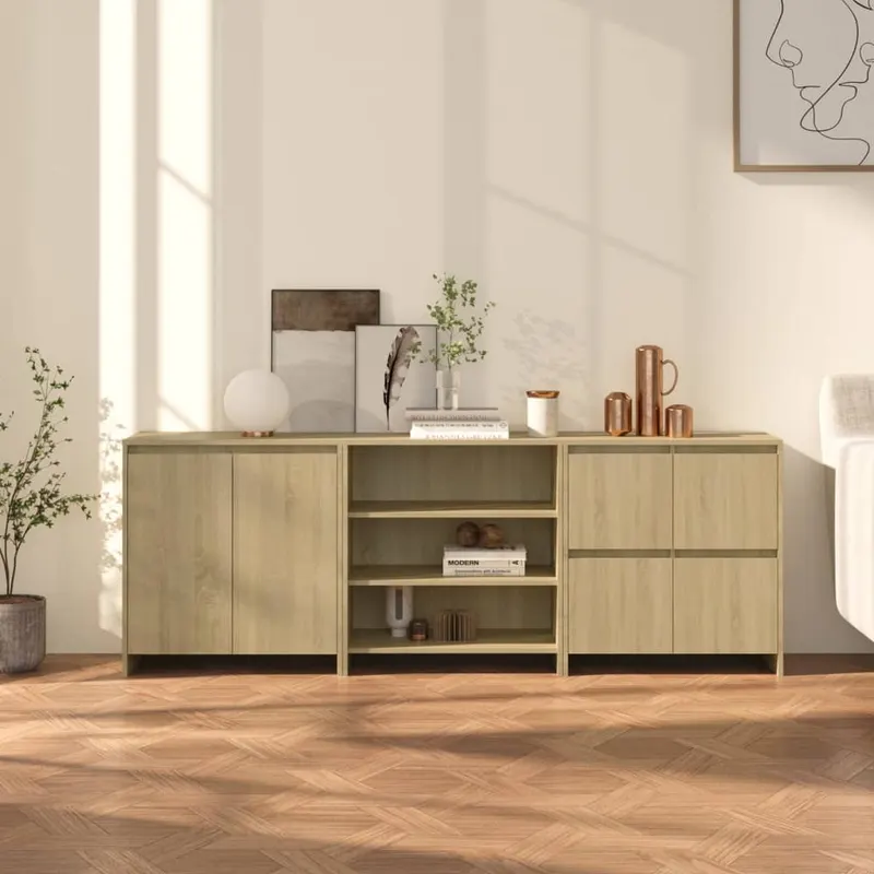servanta, stejar sonoma, 3 piese, lemn prelucrat