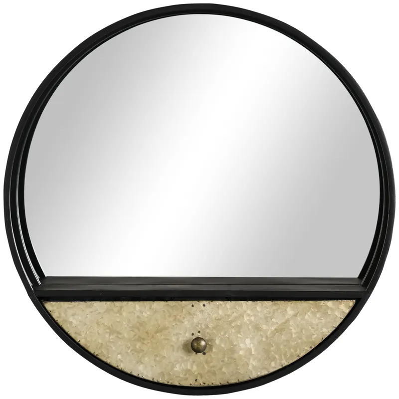 HOMCOM Oglindă Decorativă Rotundă cu Sertar, Cadru Metal și MDF, Ø61cm, Negru, pentru Living și Dormitor