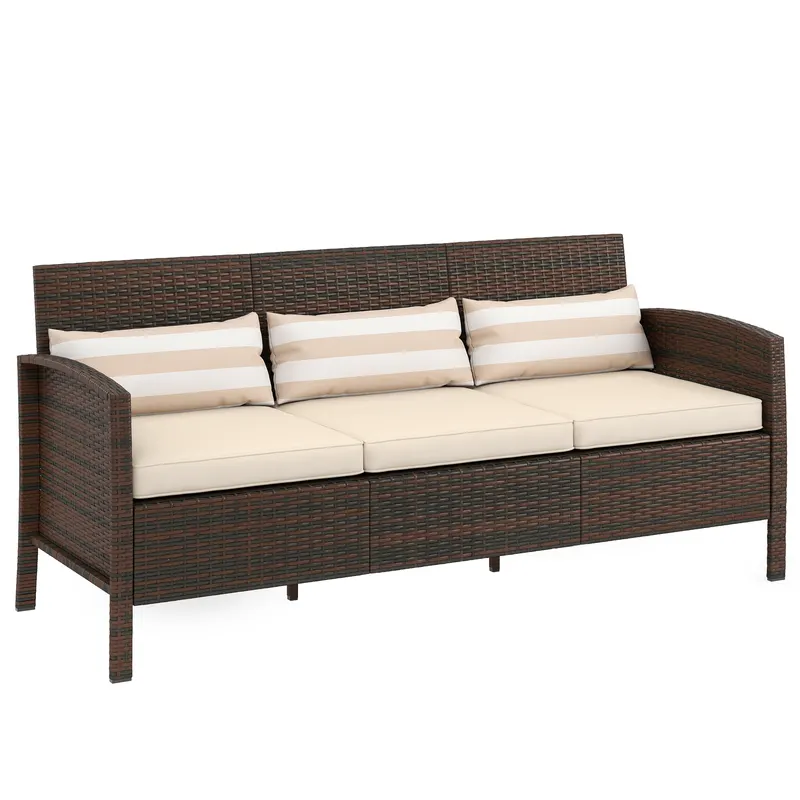 Outsunny Canapea de exterior cu 3 locuri, din ratan PE, cu perne confortabile și detașabile, 173x68x78 cm, maro