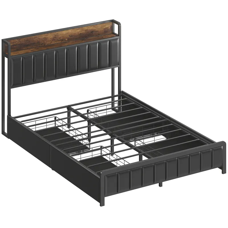 HOMCOM Cadru de pat 140 x 190 cm cu somieră cu lamele metalice, pat dublu căptușit cu 4 sertare și poliță, negru