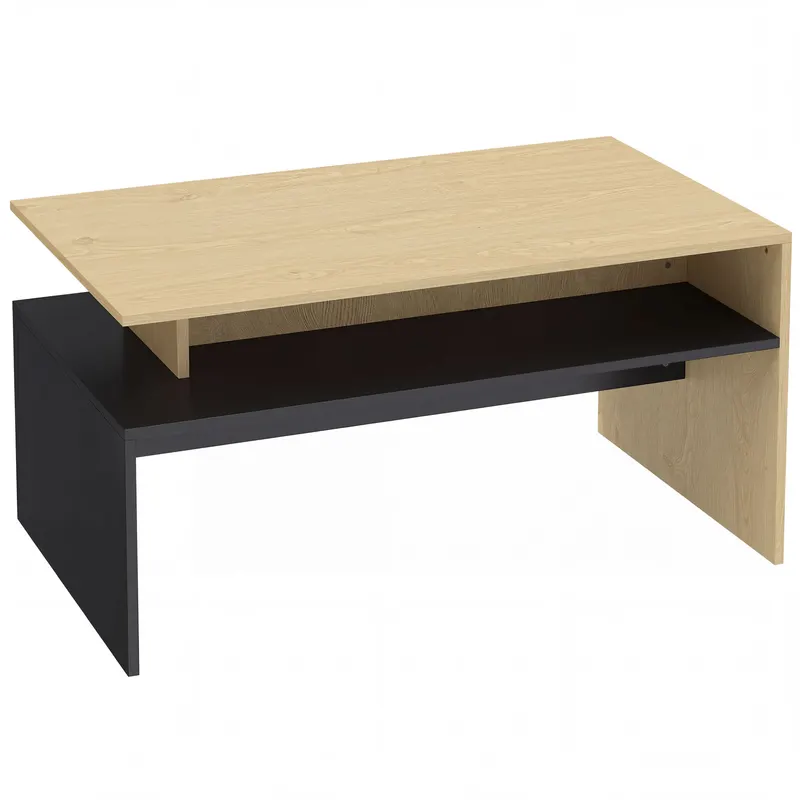 HOMCOM Masă de Cafea Modernă Bicoloră cu Niveluri Decalate și Poliță de Depozitare, 95 x 55 x 50 cm, Lemn Natural și Negru