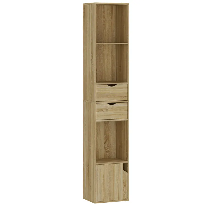 HOMCOM Bibliotecă Îngustă cu 6 Rafturi, Sertare, Ușă și Polițe Deschise, 30x24x158 cm, Stejar