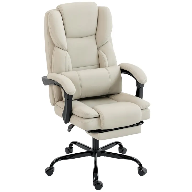 HOMCOM Scaun de birou reclinabil din piele ecologică, cu suport pentru picioare și roți, 65x67x111-119 cm, bej