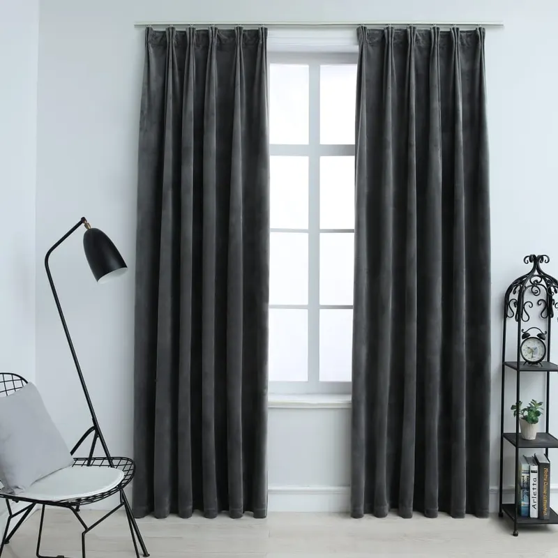draperii opace cu carlige, 2 buc., antracit, 140x245cm, catifea