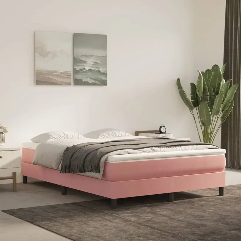 pat box spring cu saltea, roz, 140x190 cm, catifea