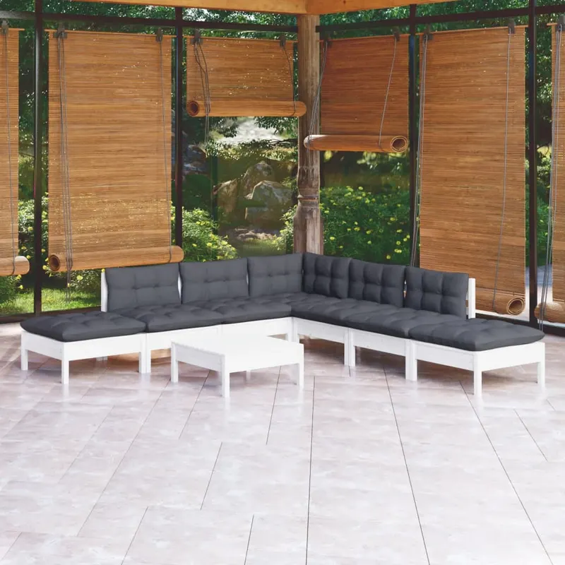 set mobilier de gradina cu perne, 8 piese, alb, lemn de pin