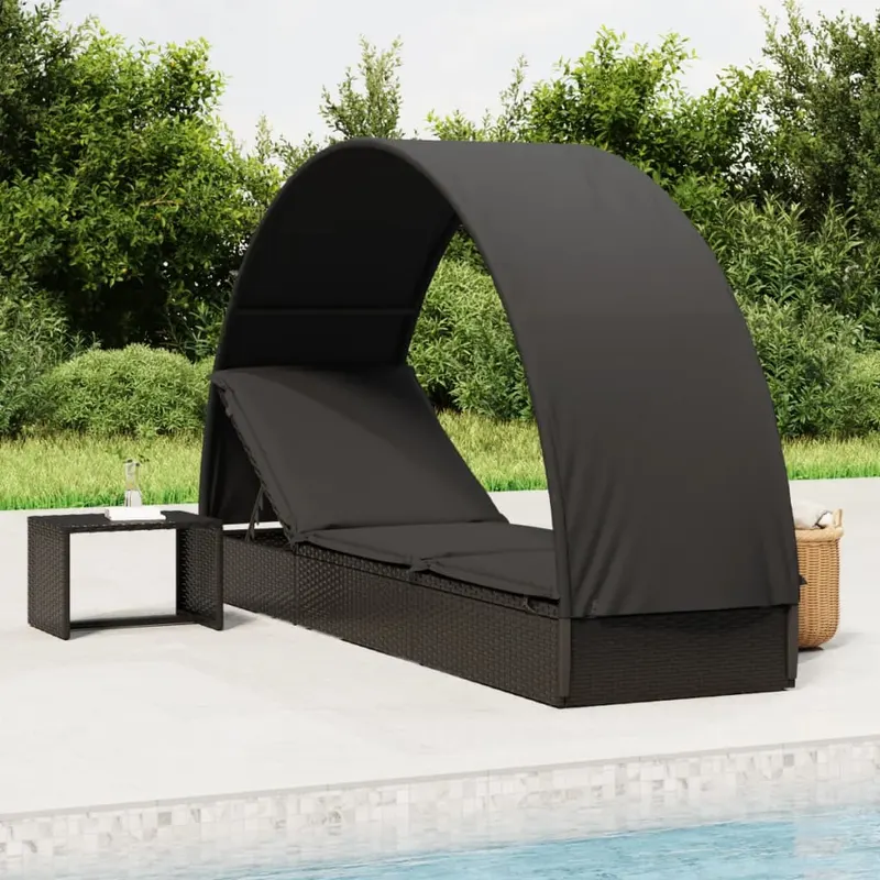 sezlong cu acoperis rotund, negru, 211x57x140 cm, poliratan