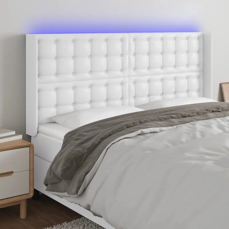 tablie de pat cu led, alb, 203x16x118/128 cm, piele ecologica