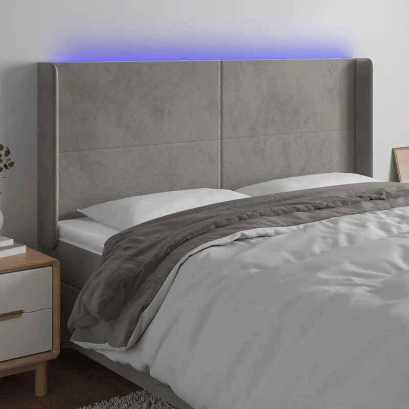 tablie de pat cu led, gri deschis, 163x16x118/128 cm, catifea