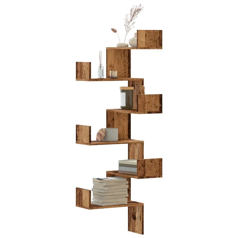 raft coltar perete lemn vechi 45x45x147 cm lemn prelucrat