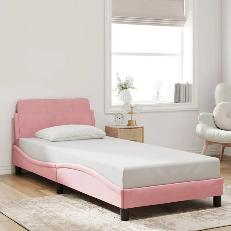 cadru de pat cu tablie fara saltea, roz, 90x190 cm, catifea