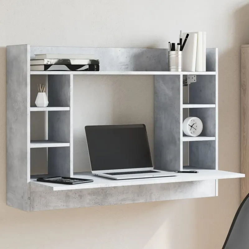 birou montat pe perete, gri beton, 105x48x75 cm, lemn prelucrat