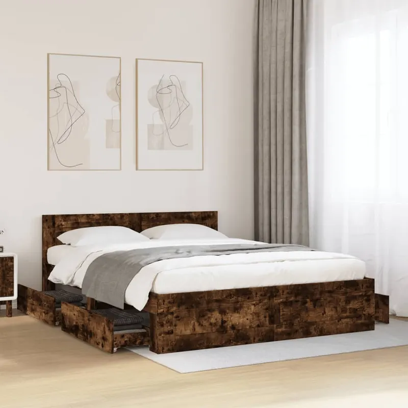cadru de pat cu tablie stejar fumuriu 160x200 cm lemn prelucrat