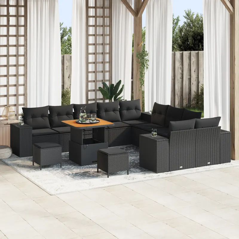 Set canapea gradina 13 piese cu perne negre din poliratan si acacia, set dining gradina 3 piese si perne negre din poliratan si acacia