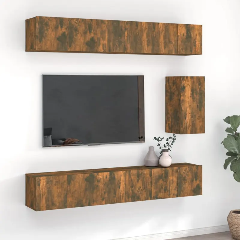 set comoda tv, 7 piese, stejar fumuriu, lemn compozit