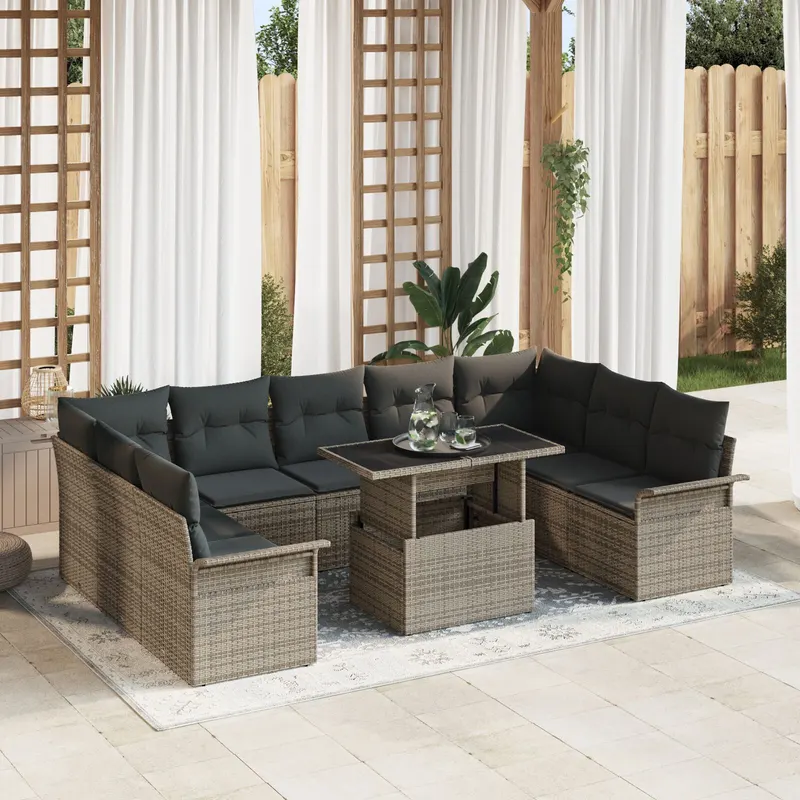 set de canapea de gradina de 10 piese cu perne gri din poliratan