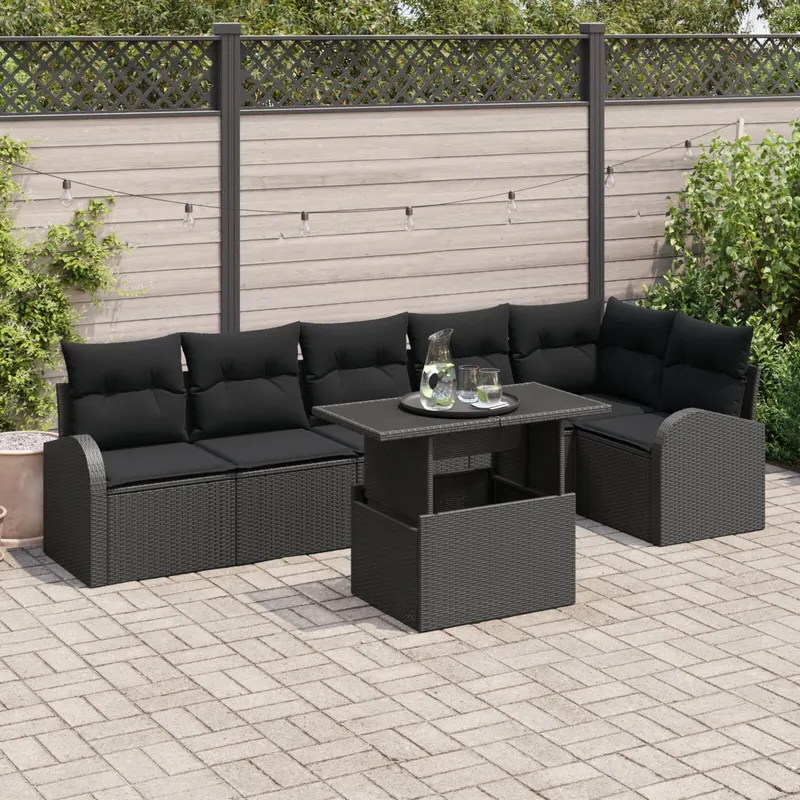 set canapea gradina 7 piese cu perne negru ratan polimeric