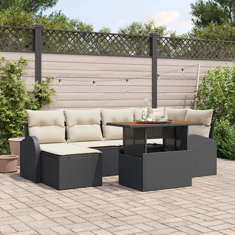 Set de canapele gradina cu perne negru ratan poli 7 piese, canapea gradina pentru 2 persoane cu stocare & perne negru ratan poli