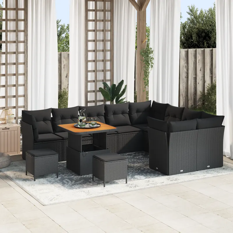 Set 12 piese sofa gradina cu perne, ratan negru, acacia, set 3 piese servit masa gradina cu perne, ratan negru, acacia