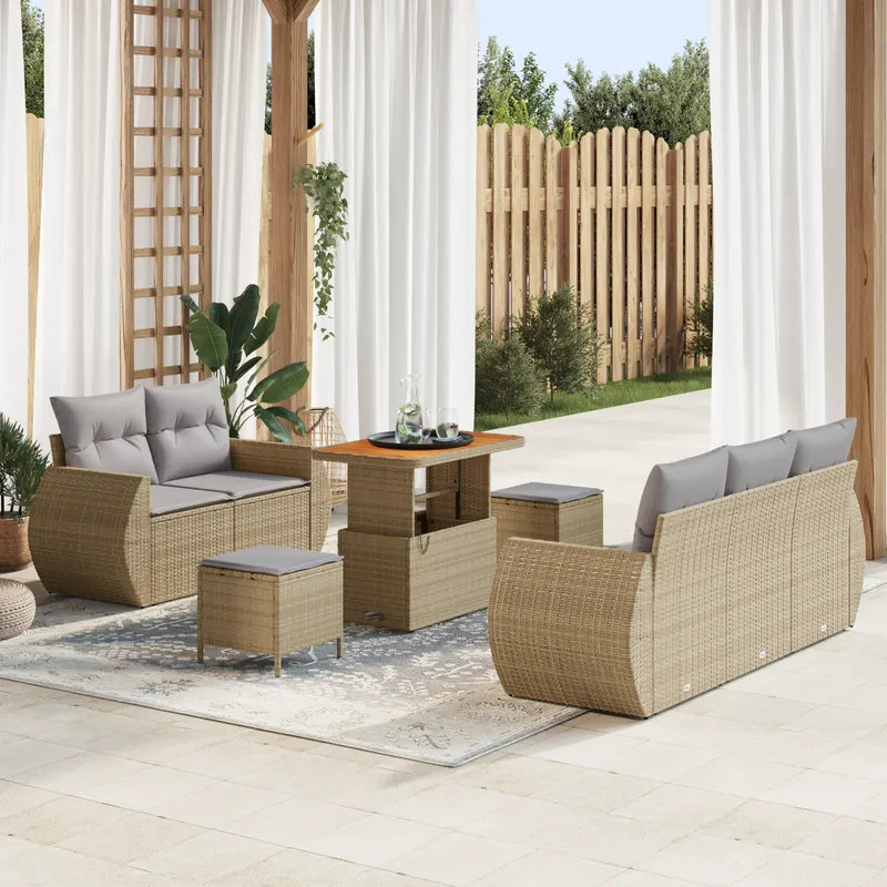Set de canapea pentru gradina 8 piese cu perne bej din poliratan acacia, set de dining pentru gradina 3 piese cu perne bej din poliratan acacia