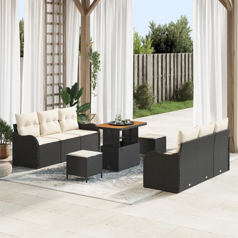 Set canapea pentru gradina de 9 piese cu perne, ratan polimer negru si acacia, canapea de gradina pentru 2 persoane cu spatiu de depozitare si perne, ratan polimer negru, set de cina pentru gradina de 3 piese cu perne, ratan polimer negru si acacia