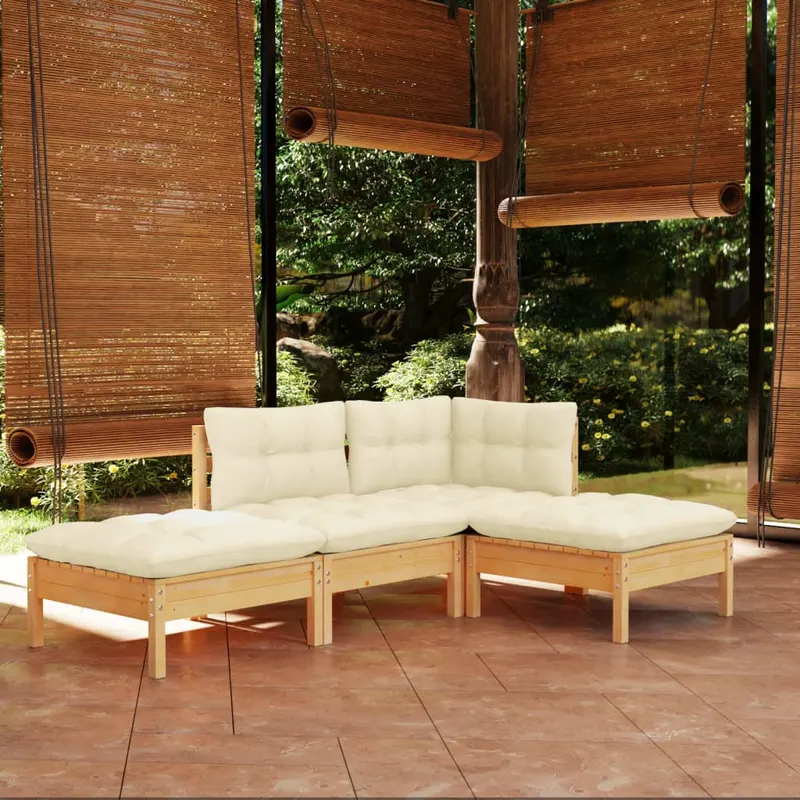 set mobilier gradina cu perne crem, 4 piese, lemn de pin