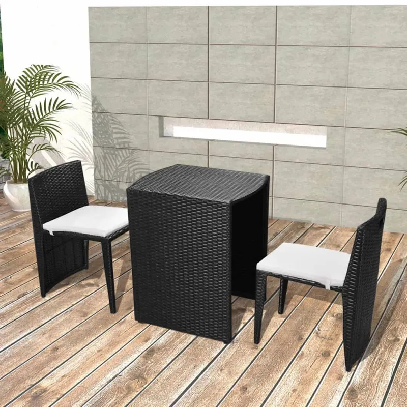 set mobilier bistro cu perne, 3 piese, negru, poliratan