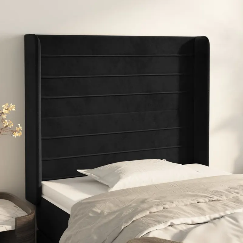 tablie de pat cu aripioare, negru, 93x16x118/128 cm, catifea