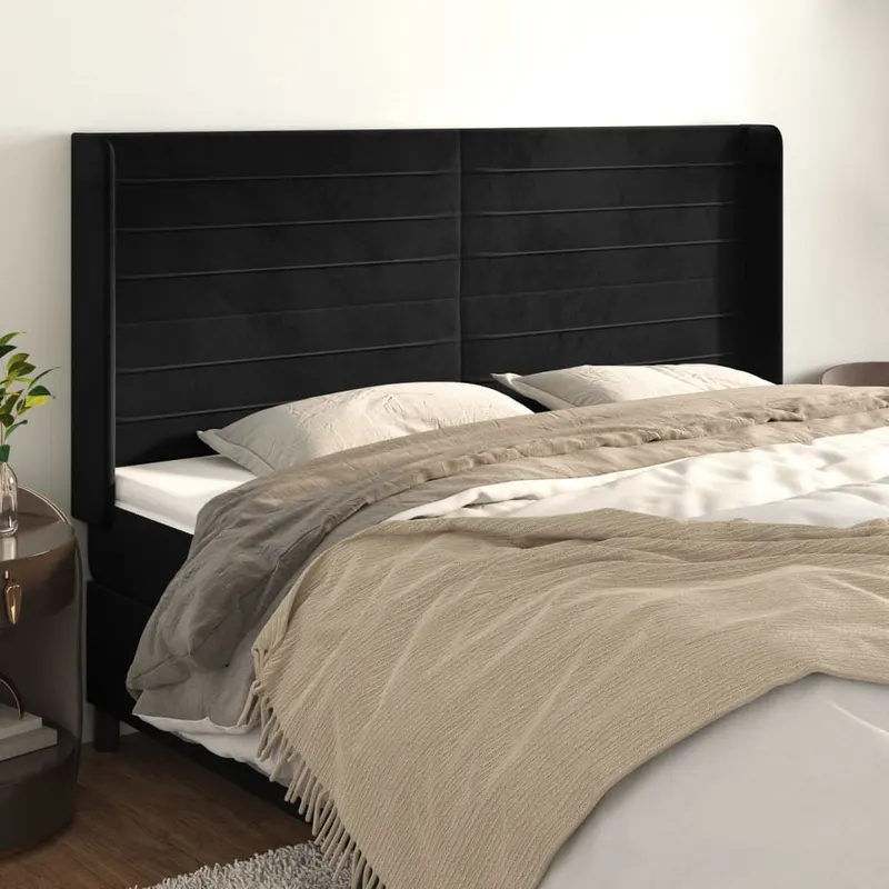 Tablie de pat cu aripioare, negru, 163x16x118/128 cm, catifea