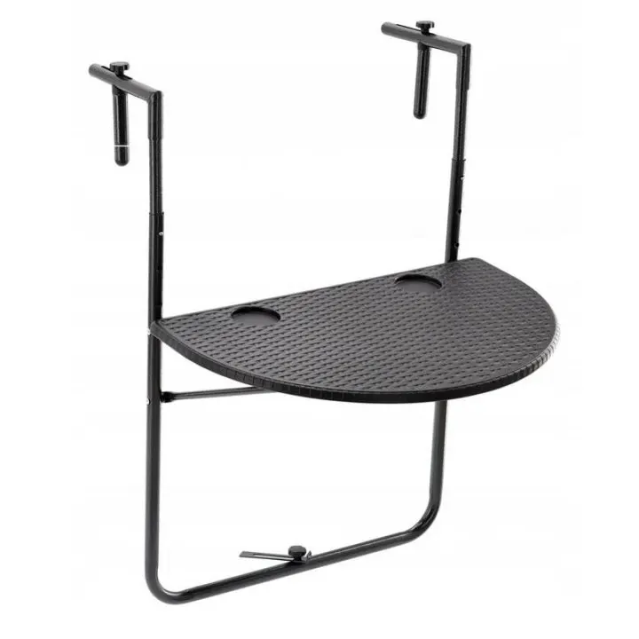 Masa balcon pliabila suspendabila, inaltime reglabila 73-84 cm, imitatie ratan, suport pahare, 64x60 cm, negru