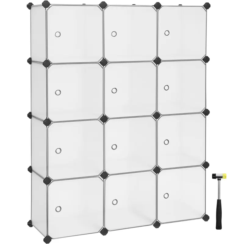Unitate de depozitare cu 12 cuburi, pentru pantofi sau haine, personalizabil, 31x93x123 cm, alb transparent