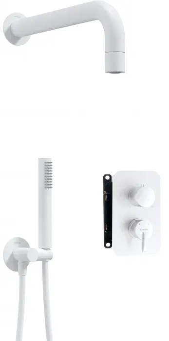 Set de dus incastrat, cu brat, para de dus si baterie cu termostat, alb, Deante Silia